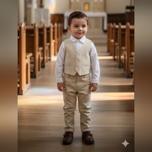 Cream Vest and Pants Set with White Shirt